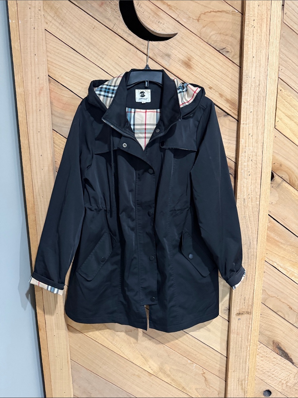 Black Hooded Utility Jacket with Plaid Lining